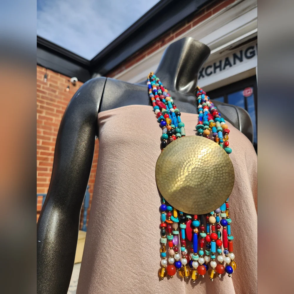 Colorful Beaded Statement Necklace with Bold Medallion, Beaded Fringe 😍Only 1✨️ - Picture 15 of 17
